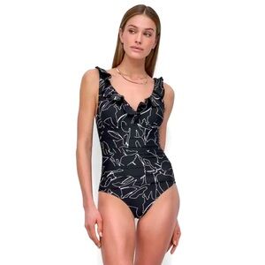 New DKNY Black and White Ruffle One-Piece Swimsuit